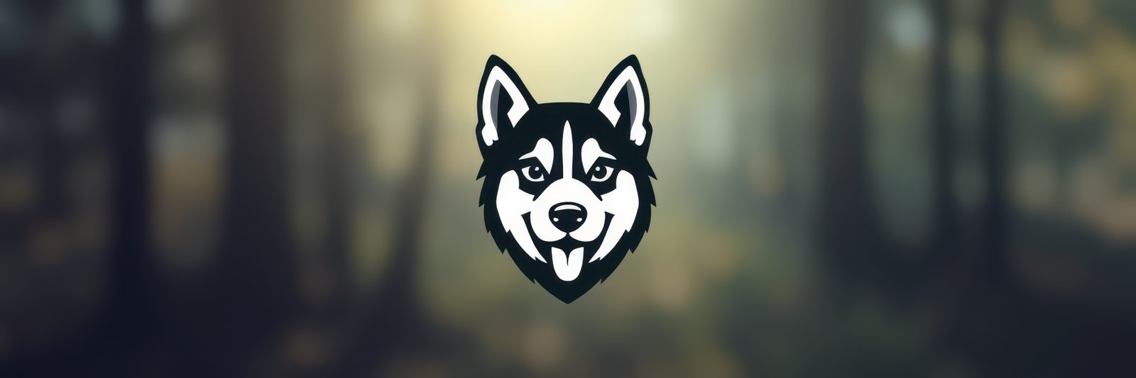 Illustration of a husky dog head logo on a blurred forest background, symbolizing wilderness and adventure in nature